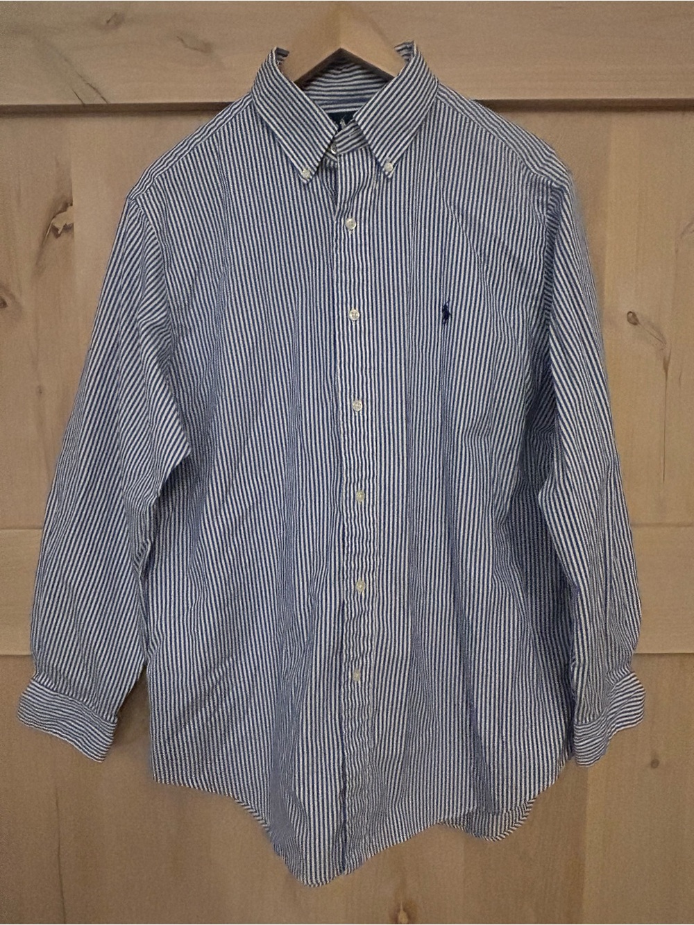 Ralph Lauren Men’s VTG Classic Button-Down pinstripe Shirt - Blue/White, Large .